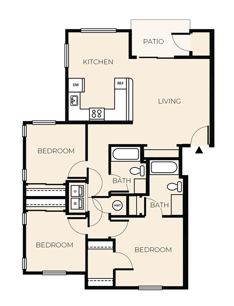 Floor plan for 3 beds, 2 baths, 1110 sqft